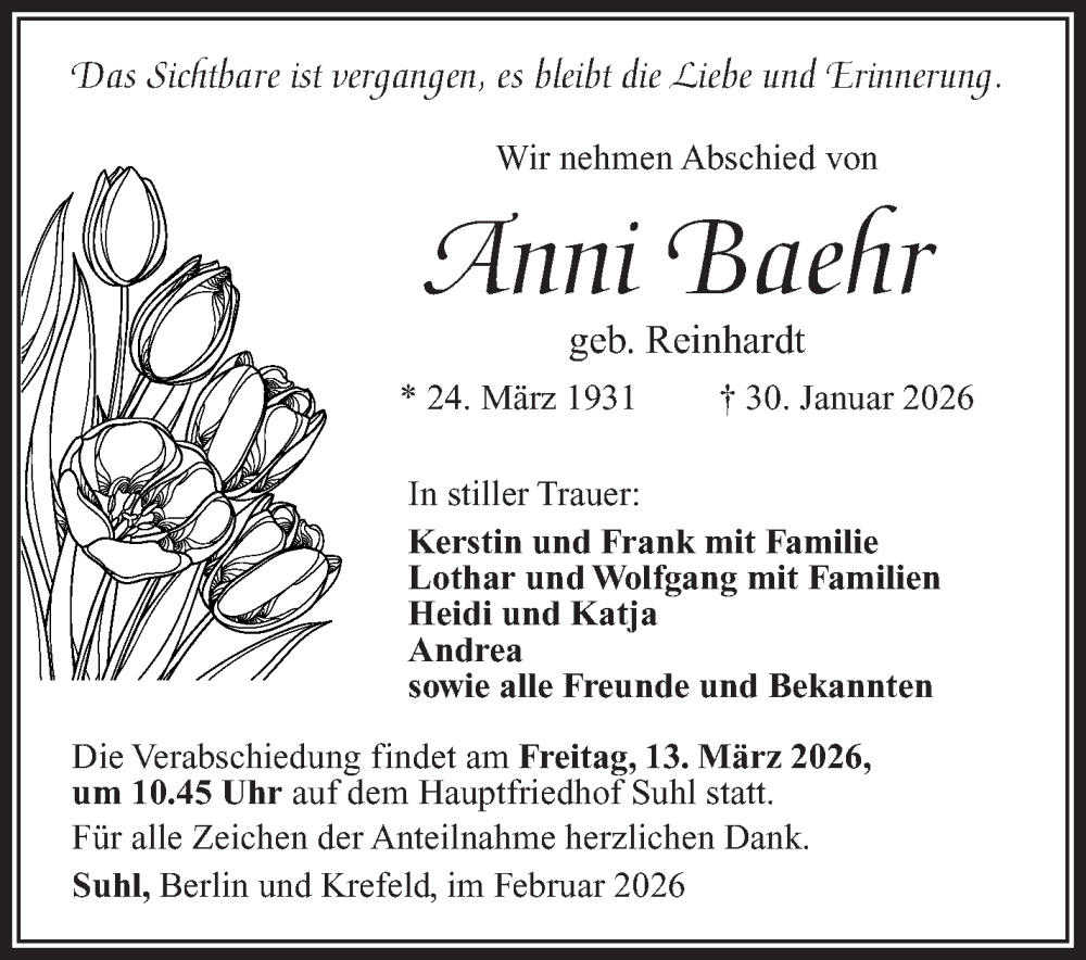  Traueranzeige für Anni Baehr vom 07.02.2026 aus Südthüringer Presse