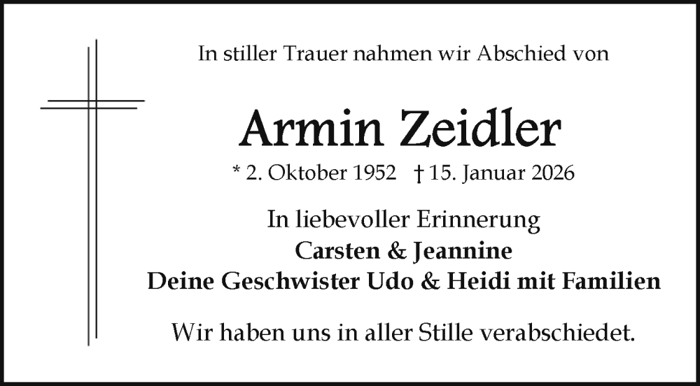  Traueranzeige für Armin Zeidler vom 14.02.2026 aus Frankenpost