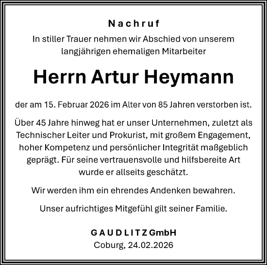 Traueranzeige von Artur Heymann von Neue Presse Coburg