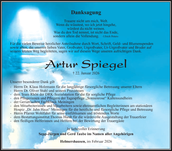 Traueranzeige von Artur Spiegel von Südthüringer Presse