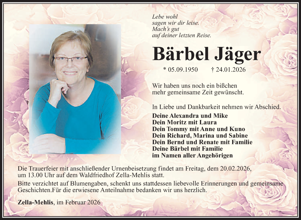  Traueranzeige für Bärbel Jäger vom 14.02.2026 aus Südthüringer Presse