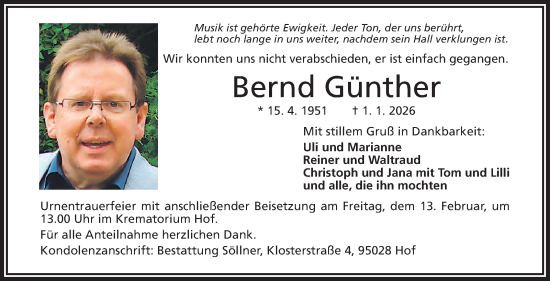 Traueranzeige von Bernd Günther von Frankenpost