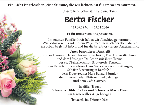 Traueranzeige von Berta Fischer von Südthüringer Presse