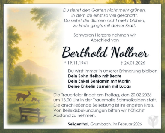 Traueranzeige von Berthold Nollner von Südthüringer Presse