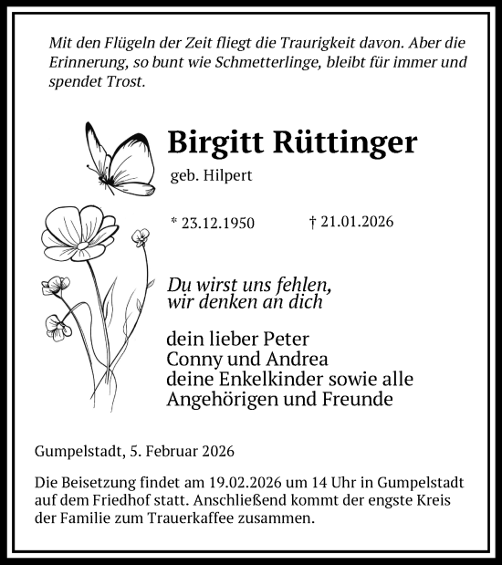 Traueranzeige von Birgitt Rüttinger von Südthüringer Presse
