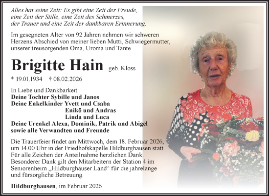 Traueranzeige von Brigite Hain von Südthüringer Presse
