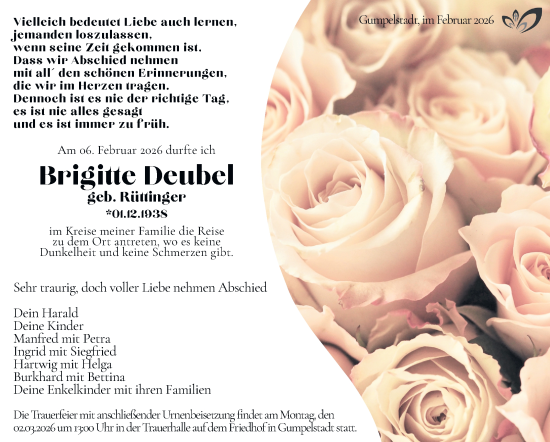 Traueranzeige von Brigitte Deubel von Südthüringer Presse