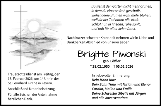 Traueranzeige von Brigitte Piwonski von Neue Presse Coburg