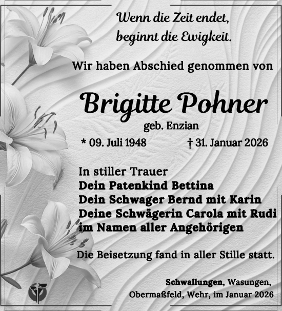 Traueranzeige von Brigitte Pohner von Südthüringer Presse