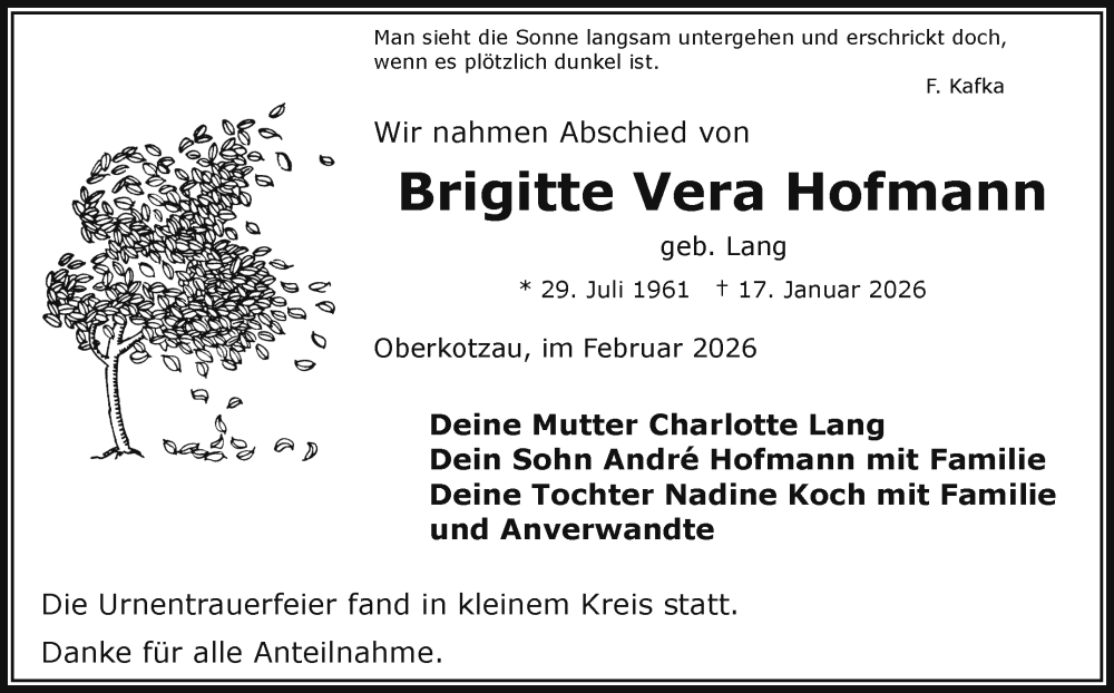  Traueranzeige für Brigitte Vera Hofmann vom 21.02.2026 aus Frankenpost