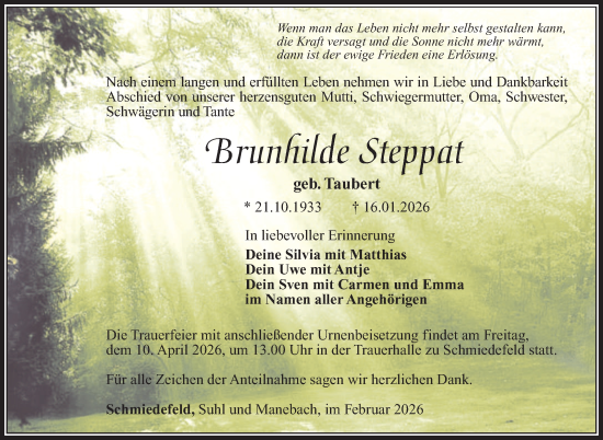 Traueranzeige von Brunhilde Steppat von Südthüringer Presse