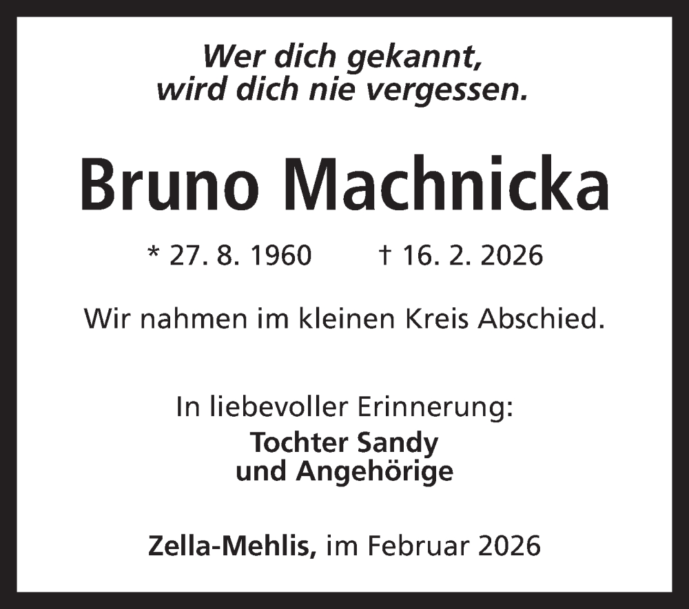  Traueranzeige für Bruno Machnicka vom 21.02.2026 aus Südthüringer Presse