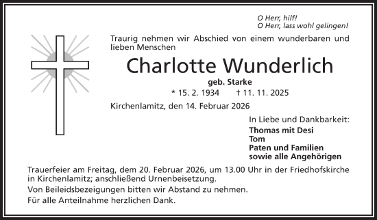 Traueranzeige von Charlotte Wunderlich von Frankenpost