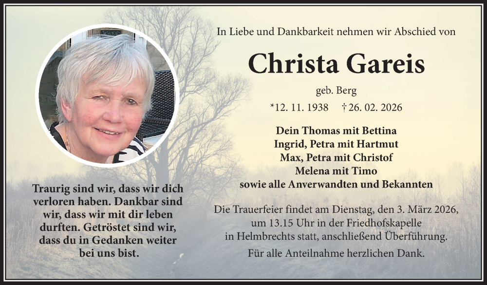  Traueranzeige für Christa Gareis vom 28.02.2026 aus Frankenpost