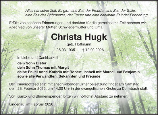 Traueranzeige von Christa Hugk von Südthüringer Presse
