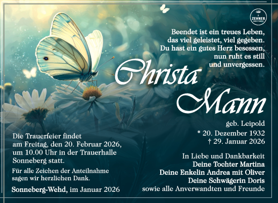 Traueranzeige von Christa Mann von Südthüringer Presse