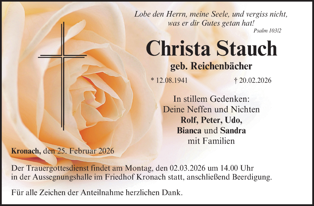  Traueranzeige für Christa Stauch vom 25.02.2026 aus Neue Presse Coburg