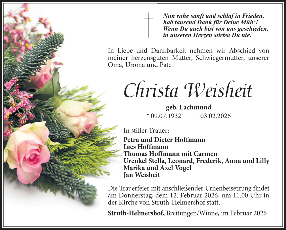  Traueranzeige für Christa Weisheit vom 07.02.2026 aus Südthüringer Presse