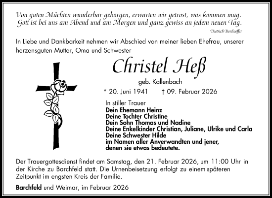 Traueranzeige von Christel Heß von Südthüringer Presse