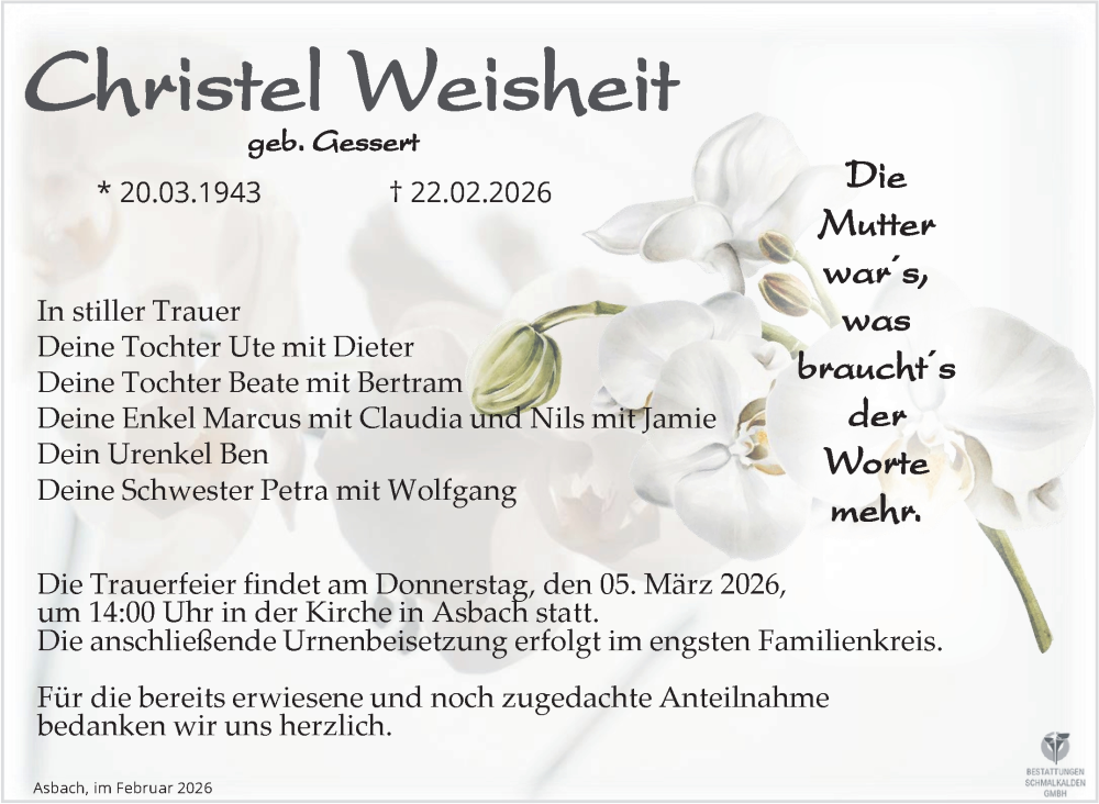  Traueranzeige für Christel Weisheit vom 28.02.2026 aus Südthüringer Presse