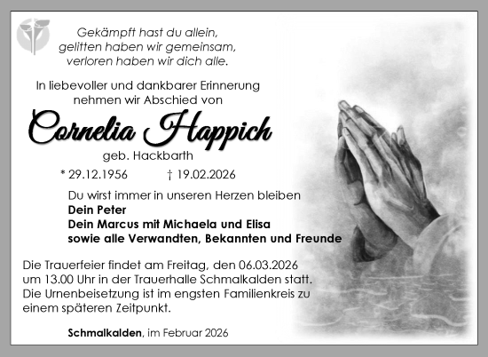 Traueranzeige von Cornelia Happich von Südthüringer Presse