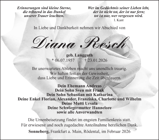 Traueranzeige von Diana Resch von Südthüringer Presse