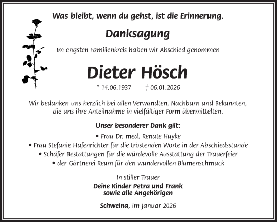 Traueranzeige von Dieter Hösch von Südthüringer Presse