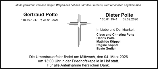Traueranzeige von Dieter Polte von Frankenpost