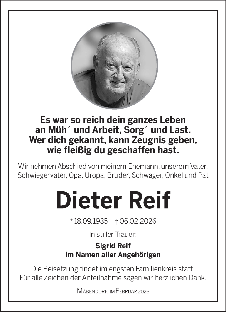  Traueranzeige für Dieter Reif vom 14.02.2026 aus Südthüringer Presse