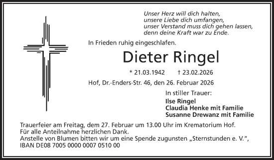 Traueranzeige von Dieter Ringel von Frankenpost