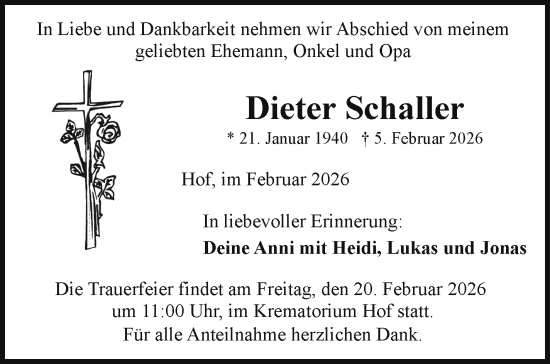 Traueranzeige von Dieter Schaller von Frankenpost
