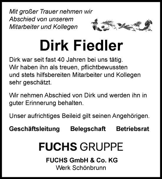 Traueranzeige von Dirk Fiedler von Südthüringer Presse