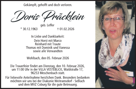 Traueranzeige von Doris Präcklein von Neue Presse Coburg