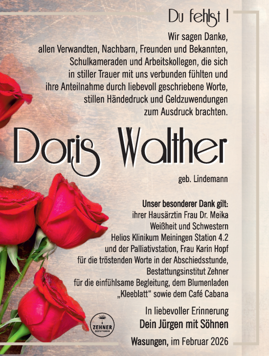 Traueranzeige von Doris Walther von Südthüringer Presse