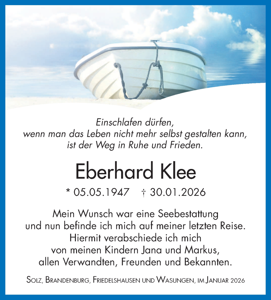  Traueranzeige für Eberhard Klee vom 04.02.2026 aus Südthüringer Presse