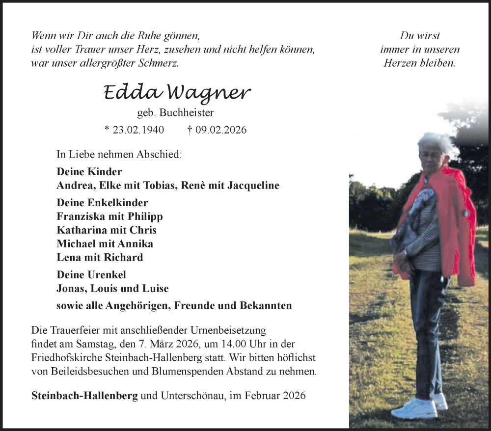  Traueranzeige für Edda Wagner vom 21.02.2026 aus Südthüringer Presse