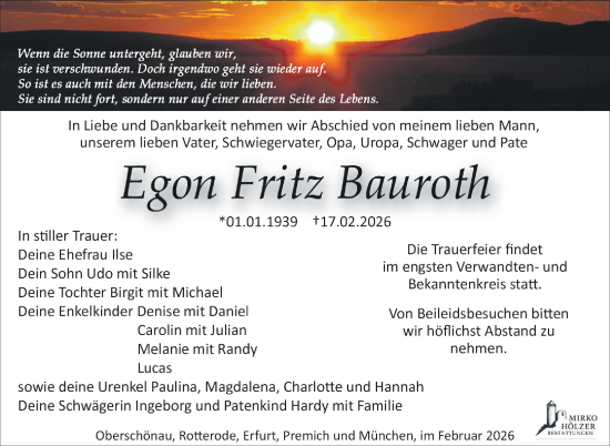 Traueranzeige von Egon Fritz Bauroth von Südthüringer Presse