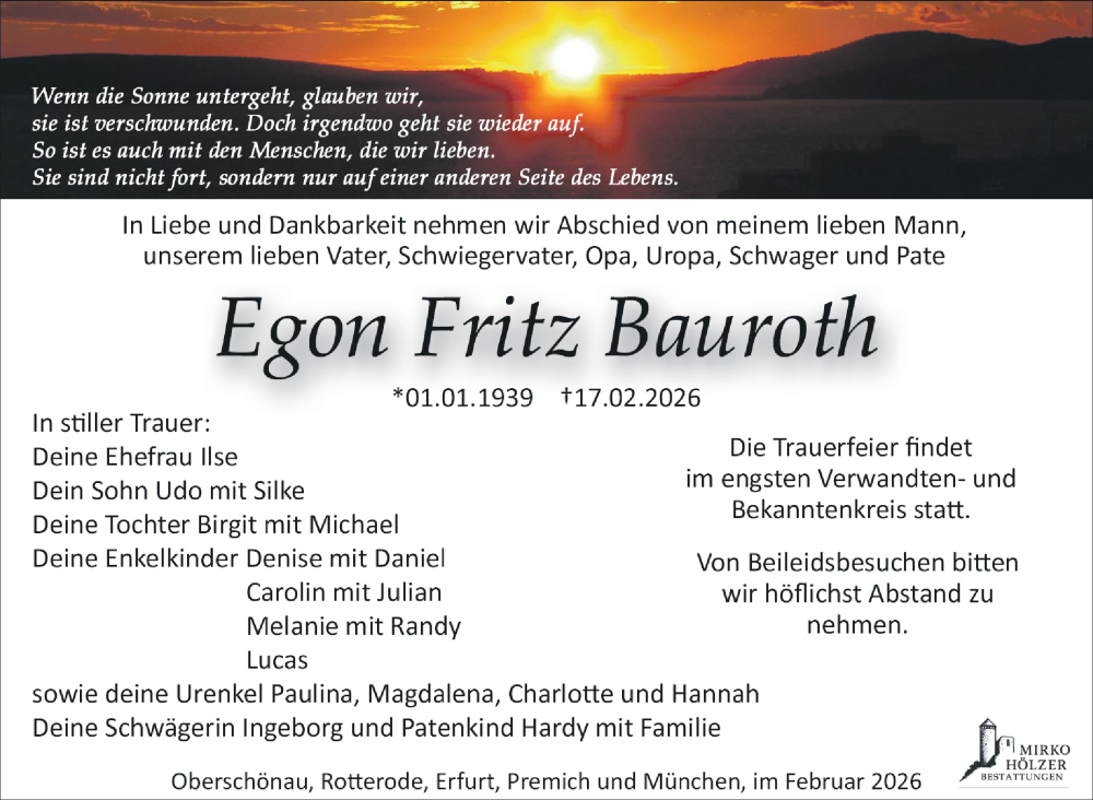  Traueranzeige für Egon Fritz Bauroth vom 21.02.2026 aus Südthüringer Presse