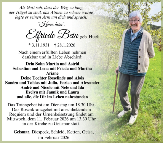 Traueranzeige von Elfriede Bein von Südthüringer Presse