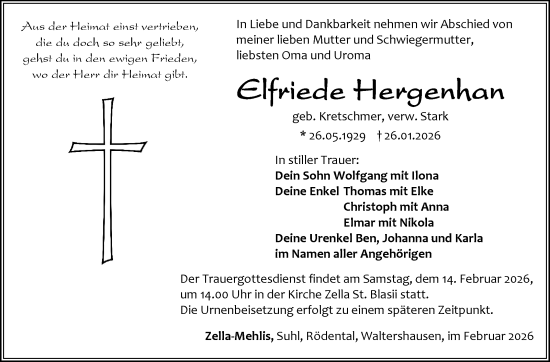 Traueranzeige von Elfriede Hergenhan von Südthüringer Presse