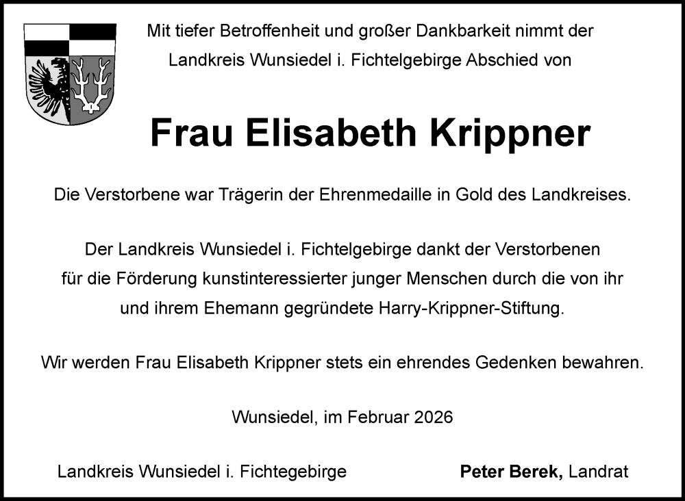  Traueranzeige für Elisabeth Krippner vom 17.02.2026 aus Frankenpost