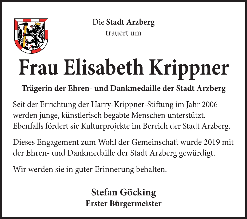  Traueranzeige für Elisabeth Krippner vom 17.02.2026 aus Frankenpost