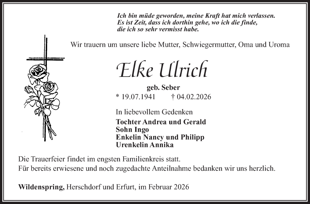  Traueranzeige für Elke Ulrich vom 14.02.2026 aus Südthüringer Presse