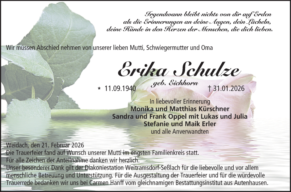  Traueranzeige für Erika Schulze vom 21.02.2026 aus Neue Presse Coburg