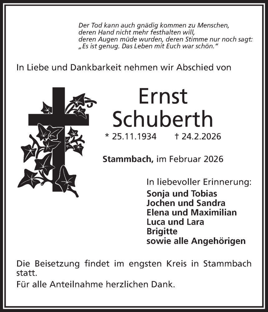  Traueranzeige für Ernst Schuberth vom 28.02.2026 aus Frankenpost