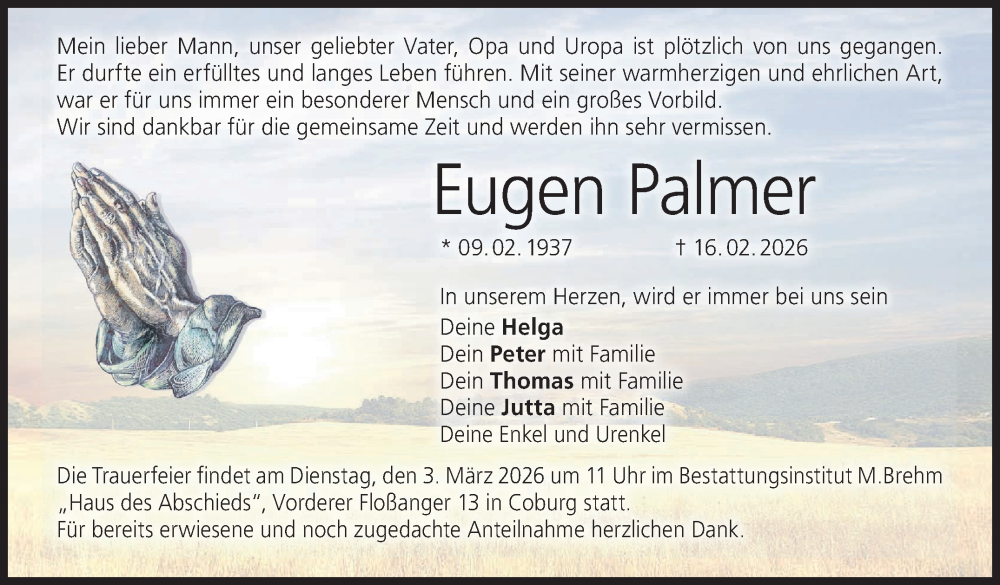  Traueranzeige für Eugen Palmer vom 21.02.2026 aus Neue Presse Coburg