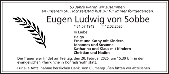 Traueranzeige von Eugen Ludwig von Sobbe von Frankenpost