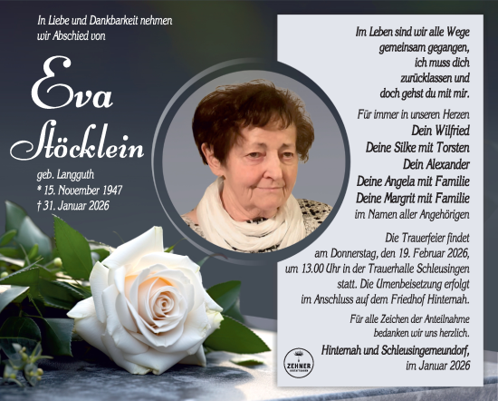 Traueranzeige von Eva Stöcklein von Südthüringer Presse