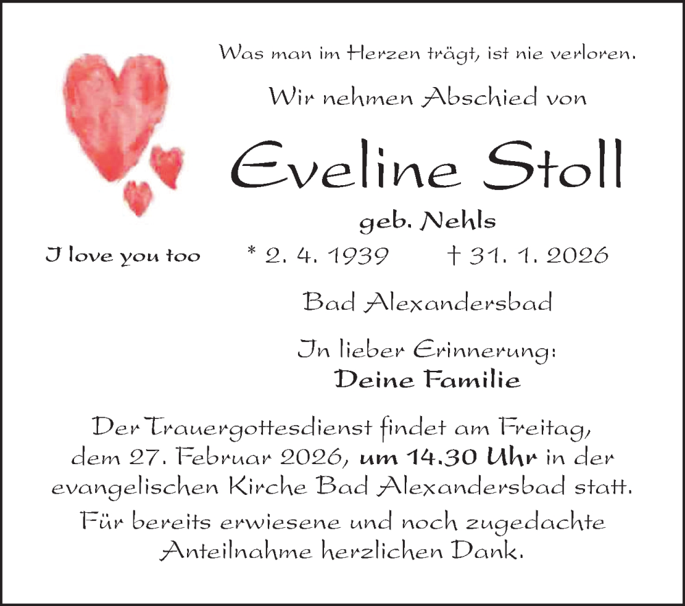  Traueranzeige für Eveline Stoll vom 21.02.2026 aus Frankenpost