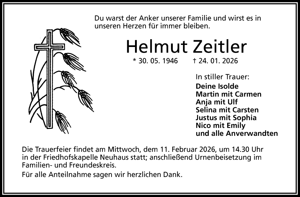  Traueranzeige für Helmut Zeitler vom 07.02.2026 aus Frankenpost